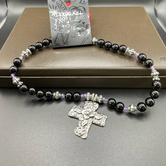 NWT Dolls Kill Divine Nature Cross Necklace Black beads w/ purple crystals - Picture 6 of 7